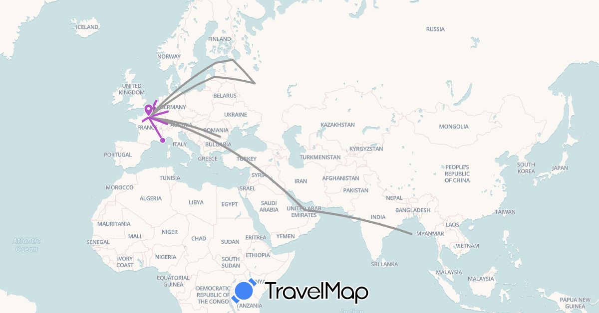 TravelMap itinerary: driving, plane, train in United Arab Emirates, Belgium, Switzerland, Germany, Estonia, France, Latvia, Netherlands, Romania, Russia, Vietnam (Asia, Europe)